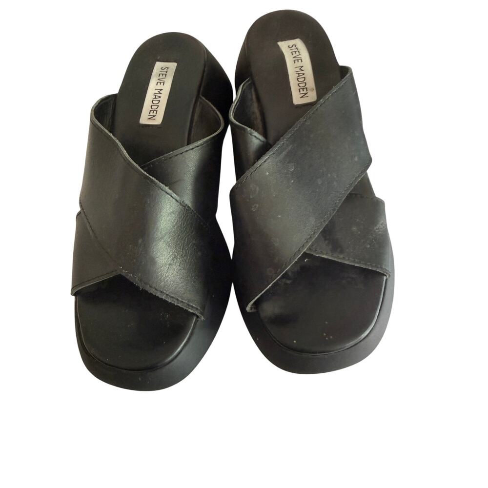 Steve Madden Envision Black Leather Crisscross Platform Wedge Slide Sandals 8